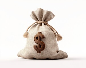 A light beige linen sack, tied with a rope, features a brown dollar sign