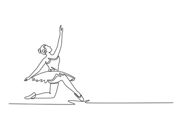 Single one line drawing young ballerina in a graceful, deep lunge with one hand reaching high, extension and grounded focus of the pose. Modern continuous line draw design graphic vector illustration