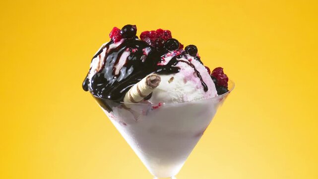 Scoops of vanilla ice cream in a glass bowl, sprinkled with chocolate and drizzled with syrup, slowly rotate against a brightly colored background.