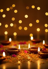 Traditional Diwali Diyas with Flower Petals and Bokeh Lights
