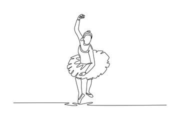 Single one line drawing beauty ballerina in classic, elegant pose, balancing en pointe with one arm raised and wearing traditional tutu. Modern continuous line draw design graphic vector illustration