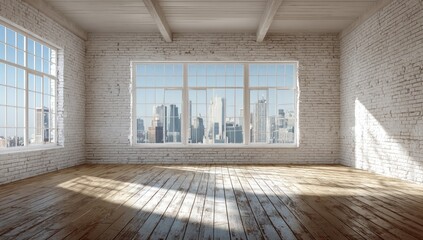 Empty loft room with city views
