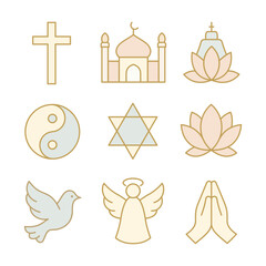 Pastel Gold Vector Religion and Spiritual Icons Set