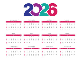Modern and minimal 2026 calendar template with colorful wave design. Perfect for business, corporate, or personal use. Fully editable and printable layout