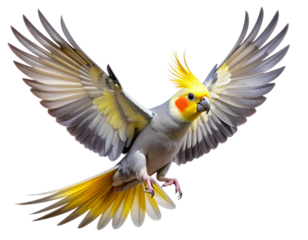 Vibrant Cockatiel in Flight with Colorful Feather Spread, Dynamic Composition, PNG Isolated