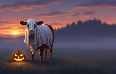 Angus Rind umh&uuml;llt mit Geister Kost&uuml;m steht auf dem Halloween Acker