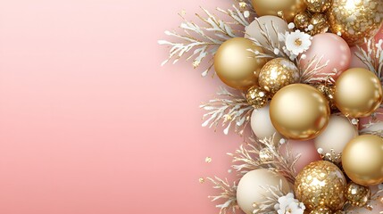 Elegant christmas background with golden pink balls and delicate floral accents