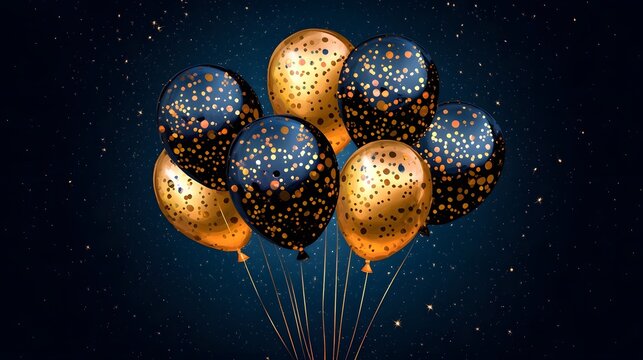 Elegant black and golden balloons floating against a starry background, celebration concept - Powered by Adobe