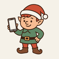 illustration of little christmas elf with smartphone