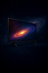 TV schwebt im All, Galaxie im Bildschirm abgebildet