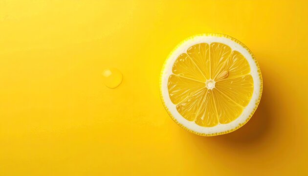 Lemon slice with small juice drop on yellow background