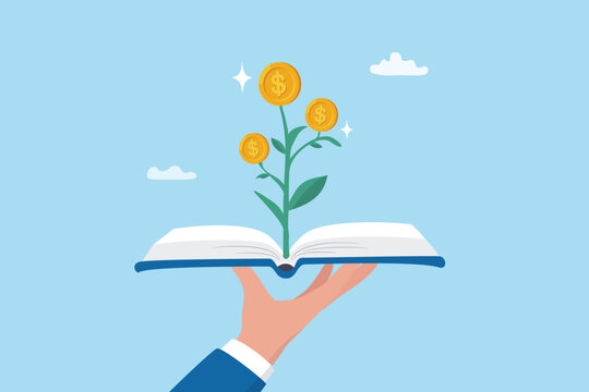 Financial literacy money knowledge or wisdom for prosperity, savings and investment, expense and budget to gain wealth planning, businessman hand holding book with financial plant with golden coins.