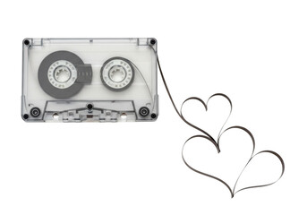 Vintage cassette tape audio music with heart shaped ribbon wire - retro media player sound recording isolated on transparent background