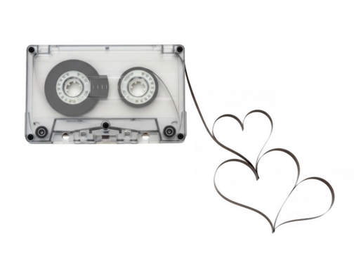 Vintage cassette tape audio music with heart shaped ribbon wire - retro media player sound recording isolated on transparent background