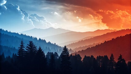 Obraz premium Mountain Sunset Landscape Scenery Forest Wilderness Nature Sky Atmospheric Sunlight Serene Vista Tranquil Environment Peaceful Outdoors Backcountry Adventure Scenic View Woodland Silhouette