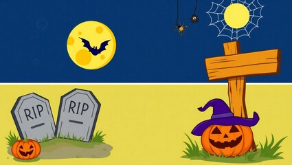 Fototapeta premium Spooky halloween scene with pumpkins gravestones and a bat flying in the moon