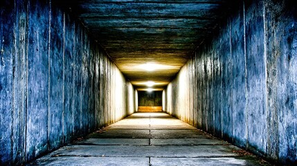 Obraz premium passageway. A long dark tunnel with rough concrete walls and a distant point of light. travel magazines, destination branding, designed for outdoor magazines and nature guides.