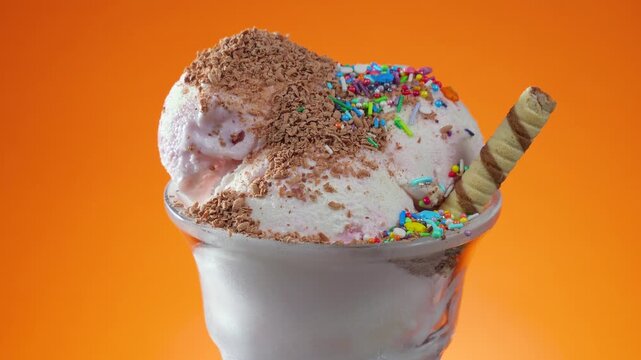 Scoops of vanilla ice cream in a glass bowl, sprinkled with chocolate and drizzled with syrup, slowly rotate against a brightly colored background.