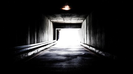 Fototapeta premium passageway. A long dark tunnel with rough concrete walls and a distant point of light. travel magazines, destination branding, designed for outdoor magazines and nature guides.