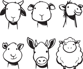 Obraz premium Farm Animals Cartoon Set: A charming collection of hand-drawn cartoon farm animal faces, exuding innocence and friendliness.