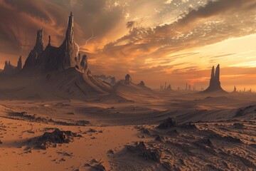 Dramatic sunset sky over a barren desert landscape with towering rock formations and a lightning strike