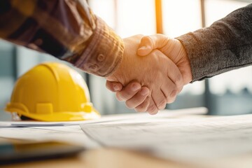 Two people shaking hands over blueprints. A yellow hardhat sits in the foreground