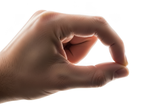 Pinch gesture hand holding small object concept close up photography detailed shot isolated on transparent background