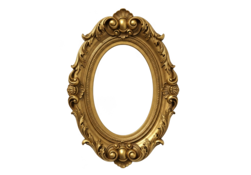 Antique gold picture frame vector, ornate oval photo frame, decorative border, golden mirror frame, vintage style, isolated on transparent background