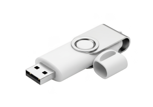 High resolution white usb flash drive mockup, portable data storage device, computer memory stick, thumb drive, isolated on transparent background