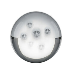 Crystal ball with ghostly faces inside, spooky and eerie, halloween, supernatural, paranormal, isolated on transparent background