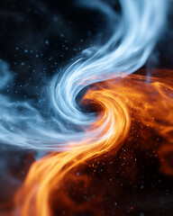 A mesmerizing vortex of fire and ice, symbolizing balance and contrast. The image features a dynamic swirl of blue and orange elements.