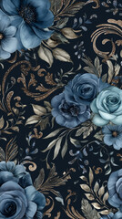 Elegant floral pattern featuring beautiful blue and golden hues. This captivating design showcases intricate details of flowers, leaves, and decorative elements.