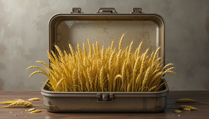 ai generator Image of an open food storage box containing golden wheat lying on the floor suitable for design work