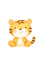 A charming cartoon tiger with a cheerful expression, exuding warmth and playful delight. The adorable tiger is sitting in a relaxed pose