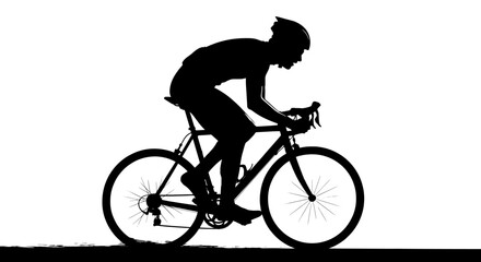 Obraz premium Silhouette of a cyclist in aerodynamic racing position on a road bike against a bright white background with a subtle ground shadow