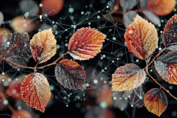 Nature's palette: the fusion of fall warmth with winter's chill. Virtual connectivity. Vibrant autumn leaves blanket the forest as winter's first snow falls. Artificial intelligence.