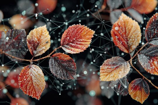 Nature's palette: the fusion of fall warmth with winter's chill. Virtual connectivity. Vibrant autumn leaves blanket the forest as winter's first snow falls. Artificial intelligence.
