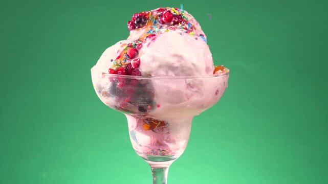 Scoops of vanilla ice cream in a glass, sprinkled with sweets, slowly rotate against a brightly colored background.