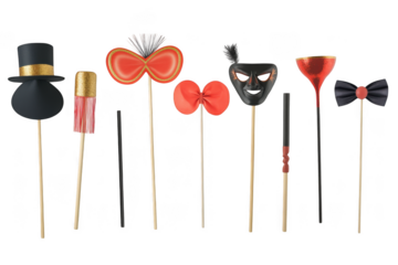 Collection of party photo booth props: masks, hats, bowties, and more for celebrations, isolated on transparent background