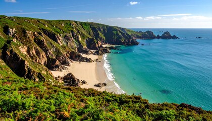 Obraz premium Vivid coastal scene with sandy beach, cliffs, and turquoise waters