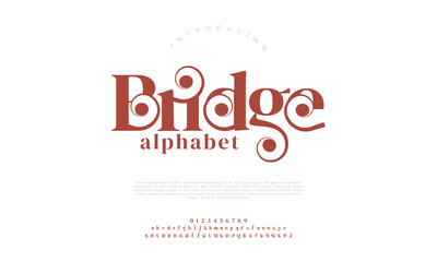Bridge typography beauty fashion elegant minimalist serif italic fonts decorative wedding vintage retro logos. Minimal luxury font alphabet logo. Vector illustration