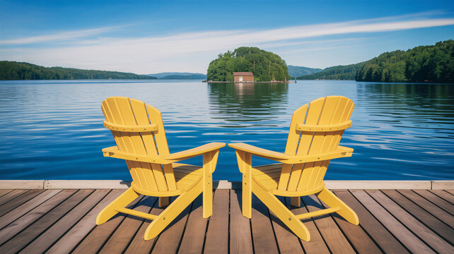 Two bright yellow Adirondack chairs beckon on a wooden dock overlooking a serene blue lake and distant green hills