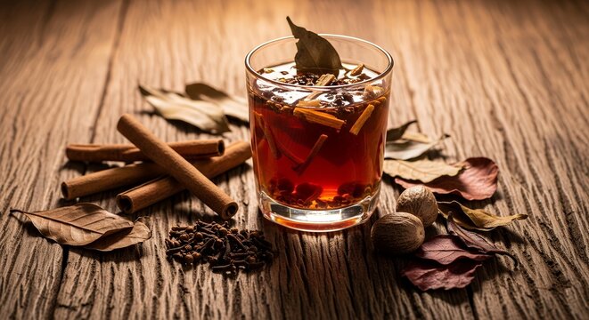 Traditional Javanese Herbal Drink Wedang Uwuh with Cinnamon, Cloves, Nutmeg Beside the Glass, for Natural Energy Booster