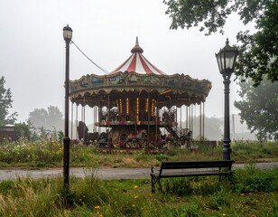 Foggy carousel sits idle, flanked by antique streetlights