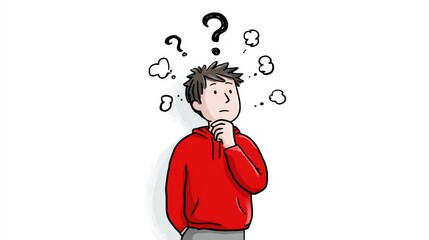 A young man in a red sweatshirt is standing in front of a white wall with a question mark drawn on it. He is deep in thought, possibly pondering a problem or trying to come up with an idea
