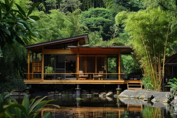 Naklejka premium Luxurious wooden cabin nestled in a tranquil bamboo forest, offering a serene escape surrounded by nature