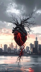 Heart-tree over cityscape, roots burning red