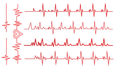 Red heartbeat line collection with heart symbol, cardiology, medical pulse, ECG, EKG design, healthcare clipart vector illustration, health monitoring, digital heartbeat. Stock-Vector illustration