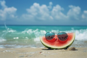 Obraz premium Ripe red watermelon slice enjoying summer on sandy beach with turquoise water and sunglasses