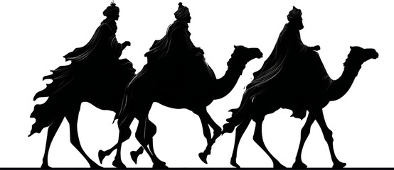 Reverent silhouette of three wise men riding camel on holy journey
